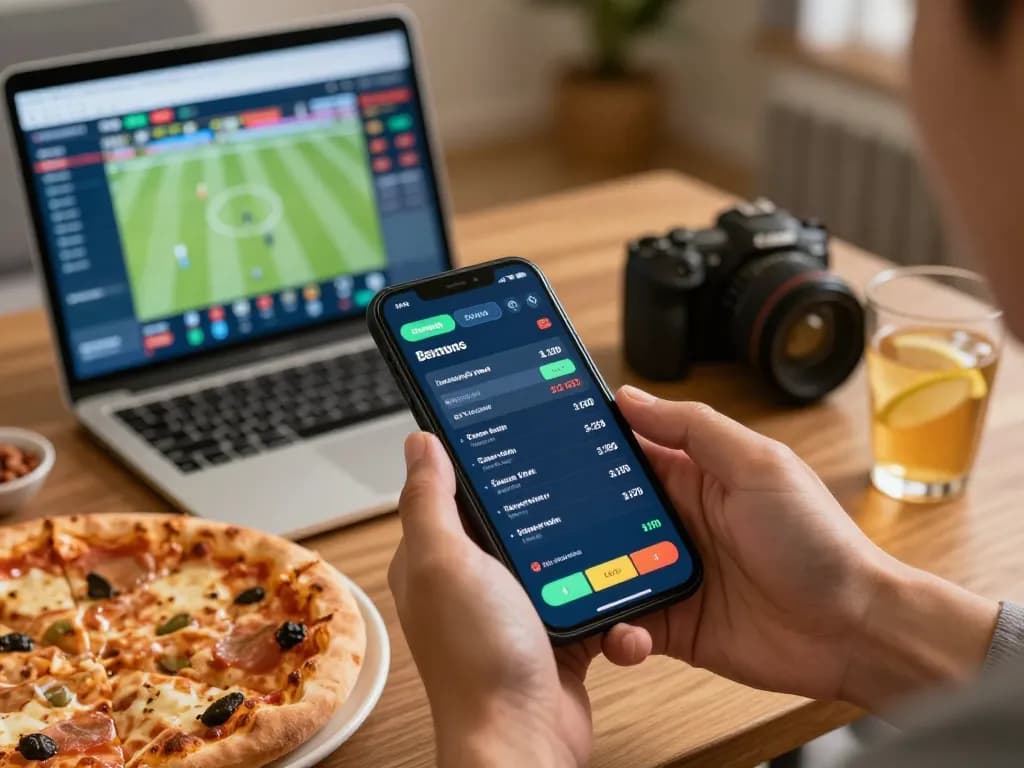 Adegan taruhan daring yang menarik menunjukkan smartphone dengan odds langsung untuk taruhan di samping laptop dan makanan ringan, menghubungkan ke https://www.josephineinteriordesign.com/floating-bed
