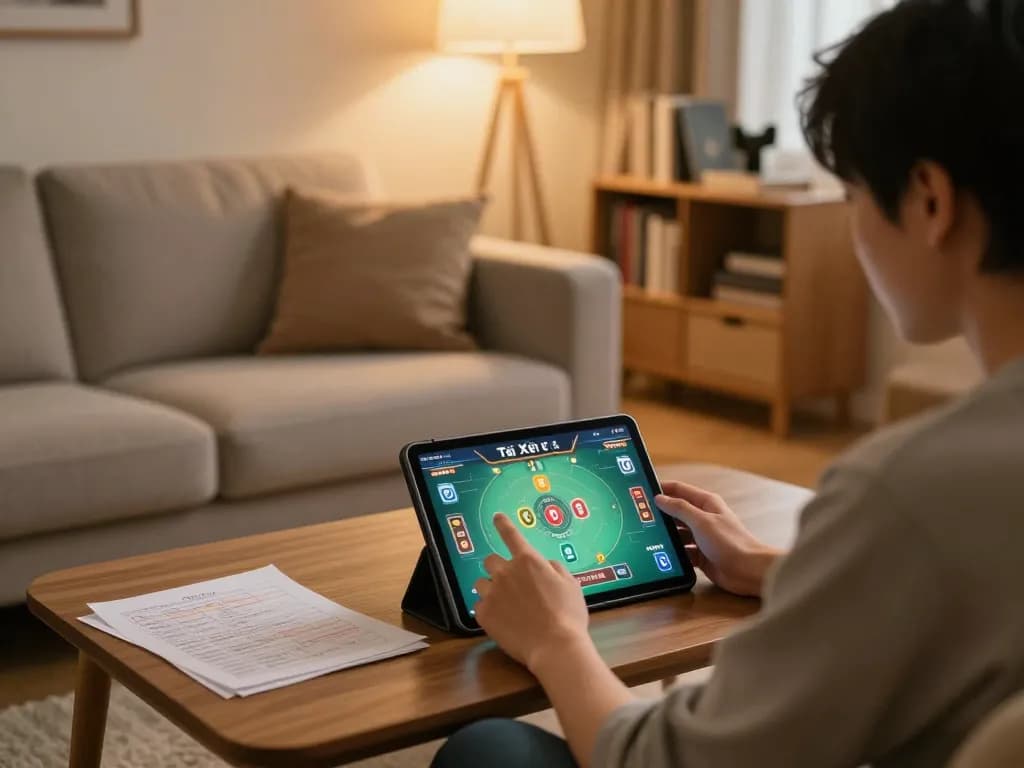 Engaging player enjoying Tài Xỉu MD5 on tablet in a cozy home setup