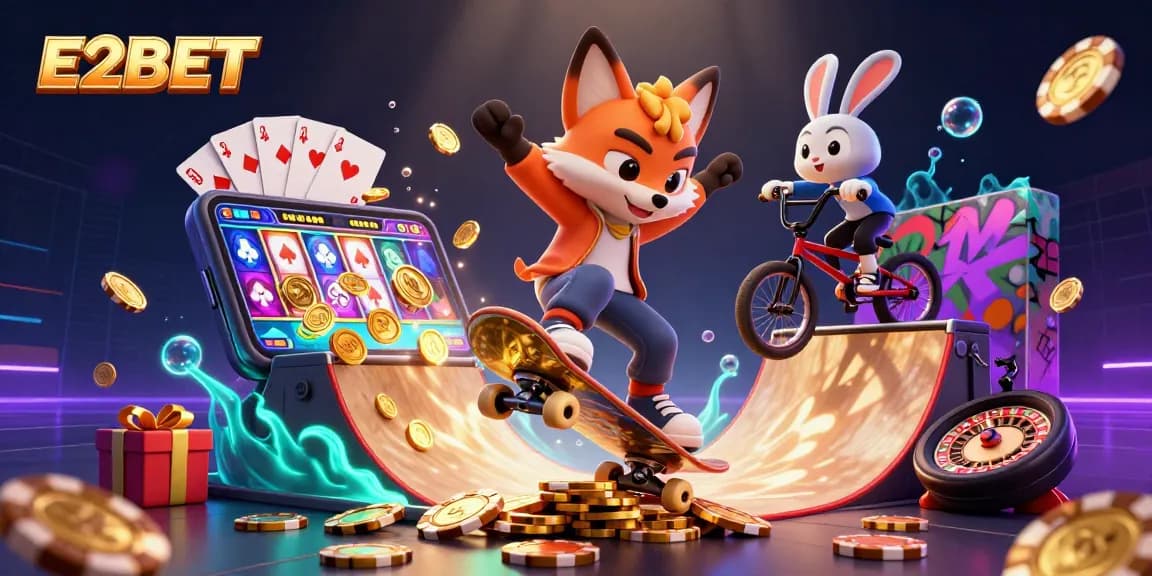 E2BET's vibrant casino illustration featuring a skateboarder fox and BMX rabbit amidst dynamic gaming elements.