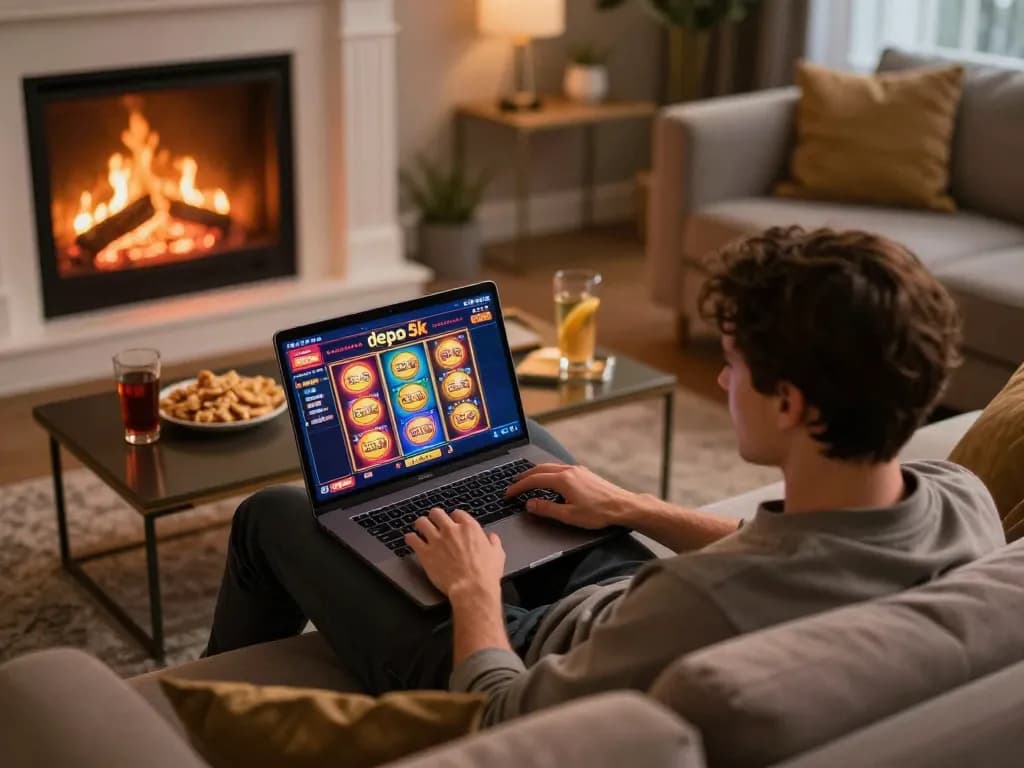 Engaging player enjoying slot depo 5k on laptop in a cozy home setting