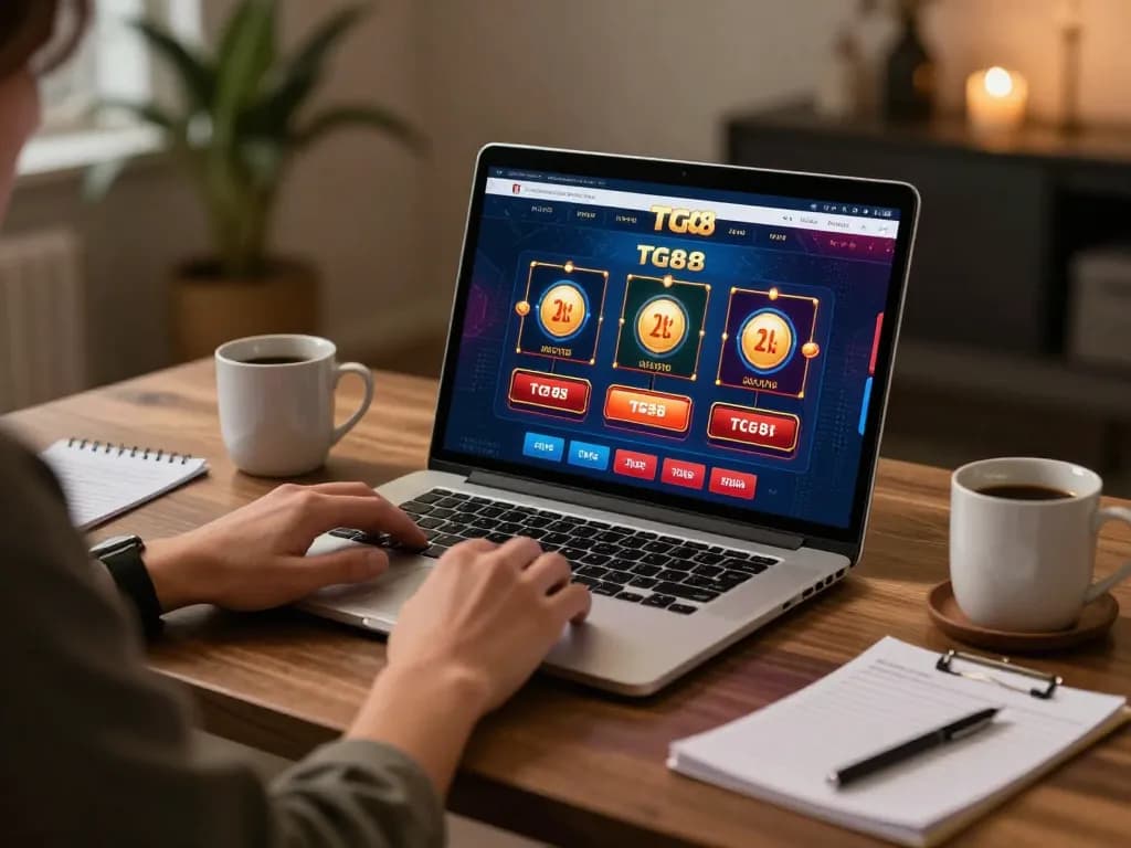 Engaging with TG88's online casino while planning strategic gameplay on a laptop