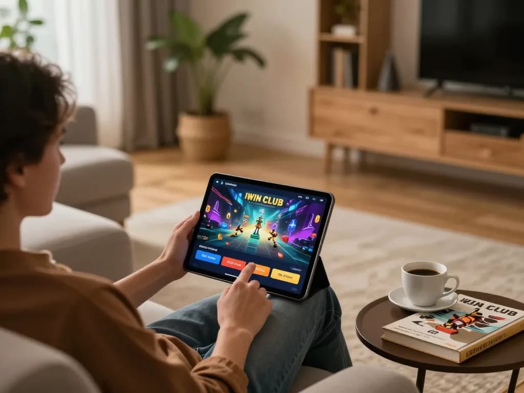 IWIN CLUB user engaging with tablet at home for responsible online gaming