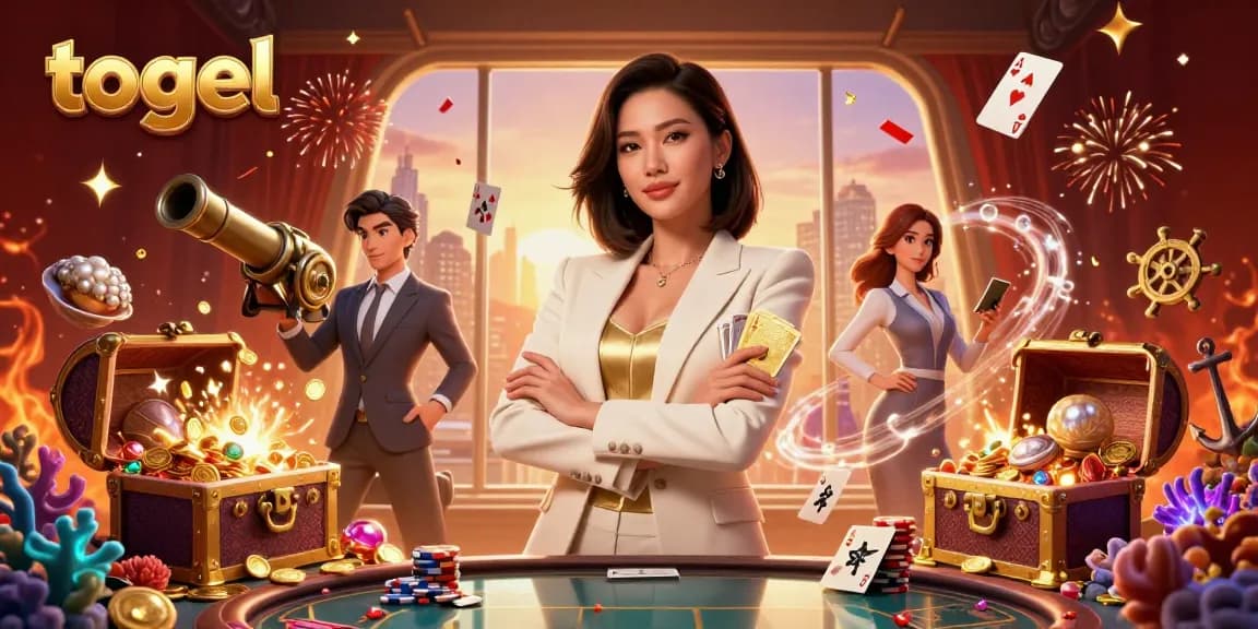 Togel illustration highlighting an elegant Asian woman with poker cards in a vibrant casino scene.