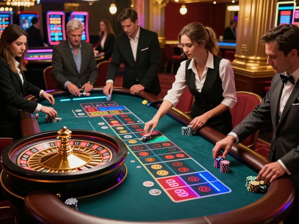 Play at the roulette table in an official website casino, with lively players and croupier