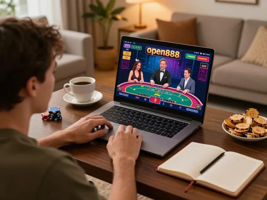 Player engaged in a live dealer game at open888 online casino from home setup with coffee and strategy notes.