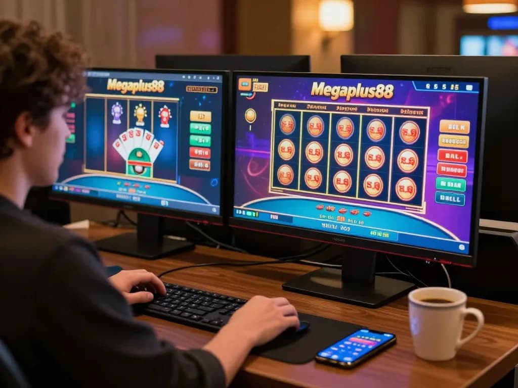 Player engaging with Megaplus88's online casino games in a cozy home office setup