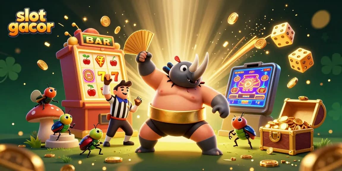 Slot gacor menampilkan juara sumo kepiting yang menginspirasi, dikelilingi oleh elemen kasino megah.