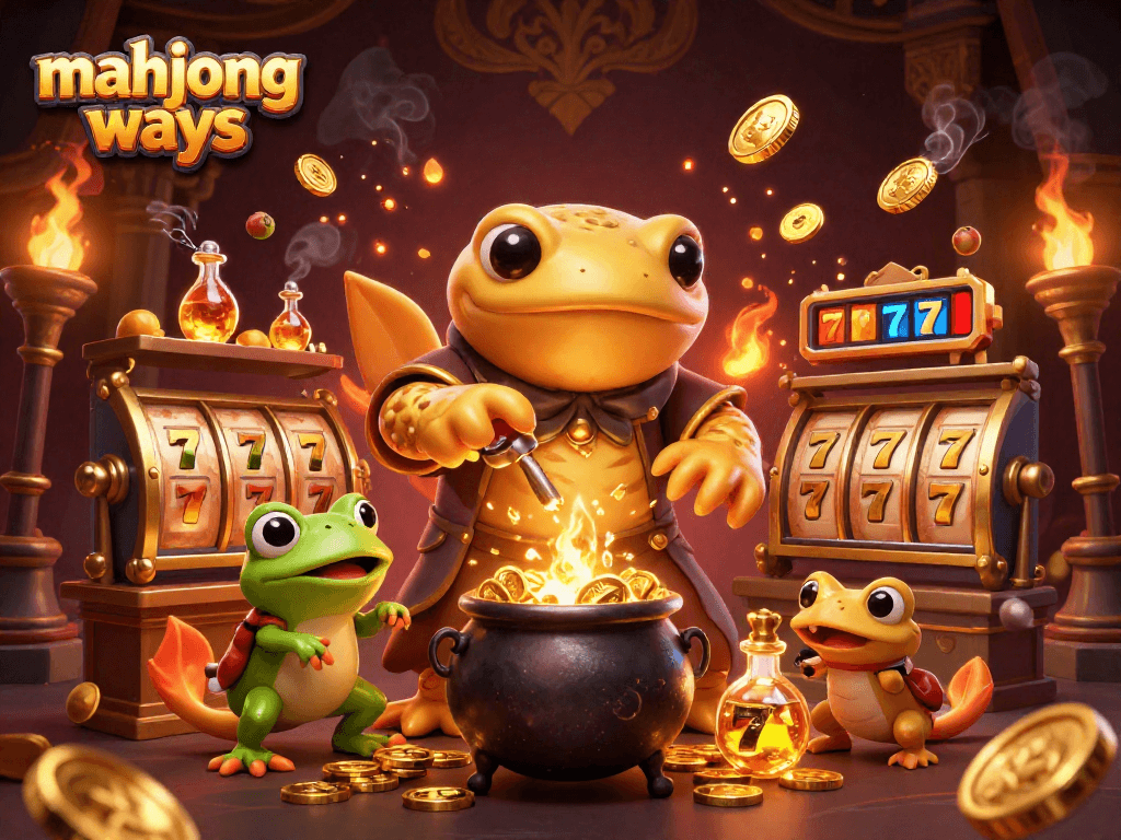 Play mahjong ways in a vibrant scene with golden alchemists and exciting slot elements.
