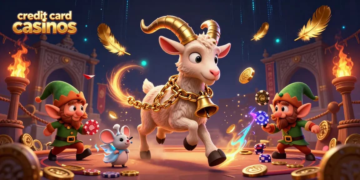Experience thrilling action at credit card casinos with Krampus, a mouse, and mischievous elves in a vibrant scene.