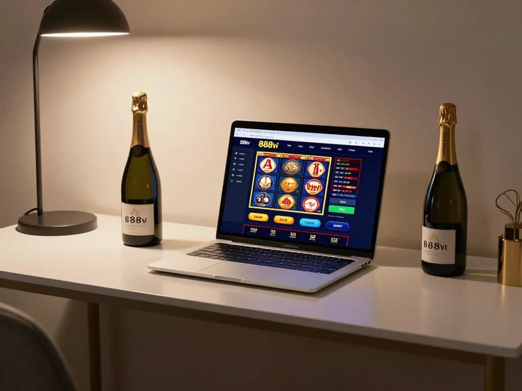 Engaging in online gameplay at 888vi with a sleek laptop and luxurious atmosphere.