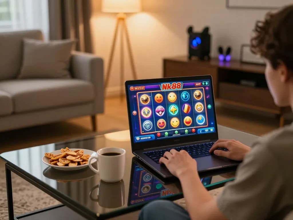 Engaged player enjoying the Nk88 game on a laptop in a cozy home setting, showcasing vibrant gaming graphics.
