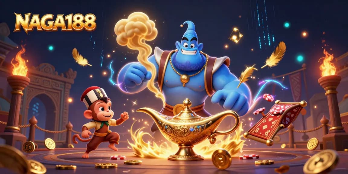 Menangkan di NAGA188 dengan ilustrasi kasino yang penuh warna dan karakter menarik dalam atmosfer magis.