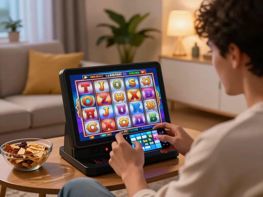 Seorang pemain menikmati permainan slot yang menarik di aman788, menampilkan smartphone dengan gulungan kemenangan dalam suasana rumah yang nyaman.