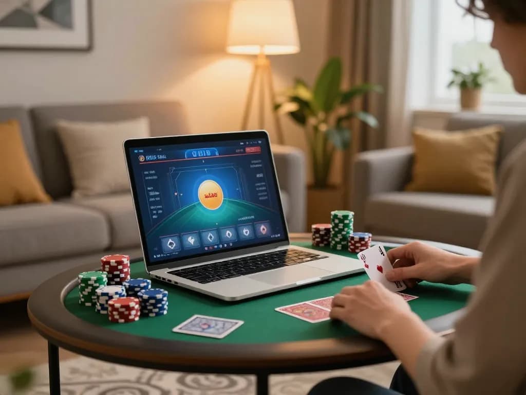 Sunwin poker game being played online on a laptop in a cozy living room.