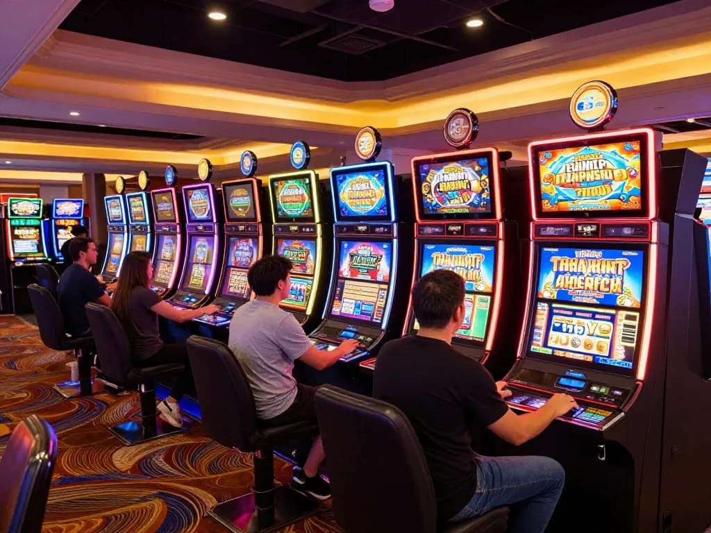 Experience vibrant gaming excitement at https://rr88.select/ with colorful slot machines and engaged players.