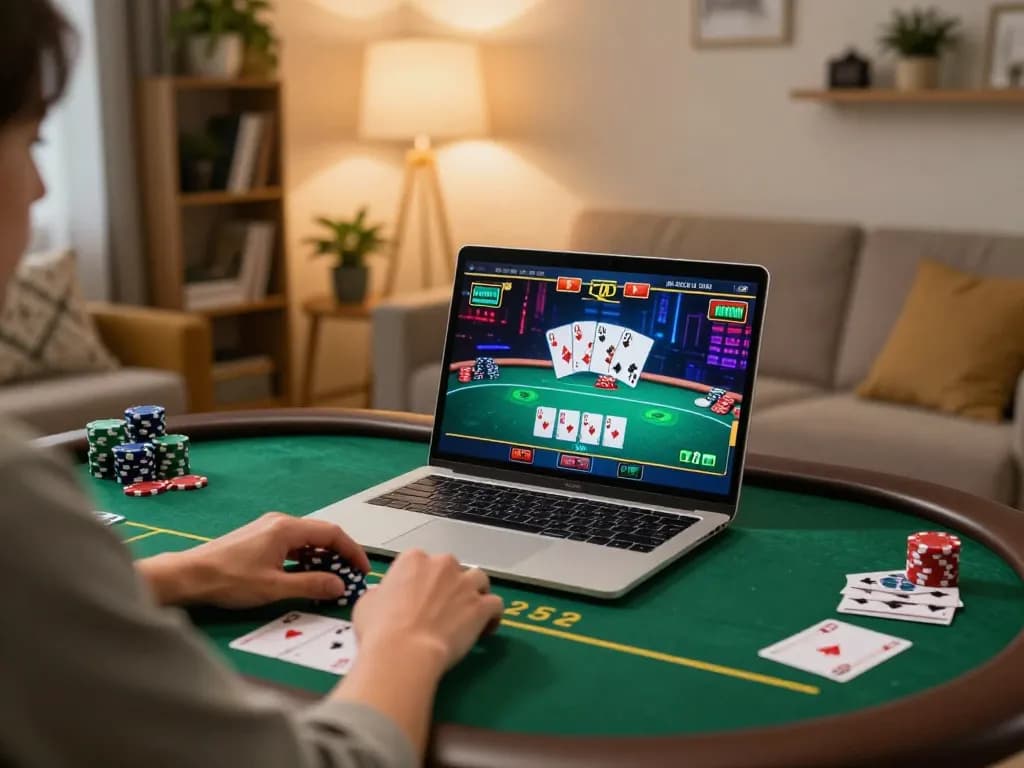 Engaging online casino gameplay experience in a cozy home setting featuring poker.