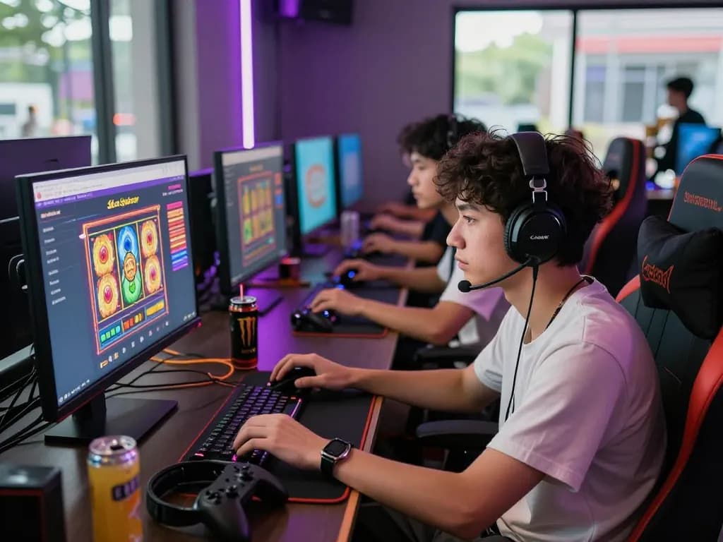 Pengalaman bermain situs slot gacor dengan berbagai pemain yang terlibat dalam slot online berwarna-warni di ruang permainan yang diterangi neon
