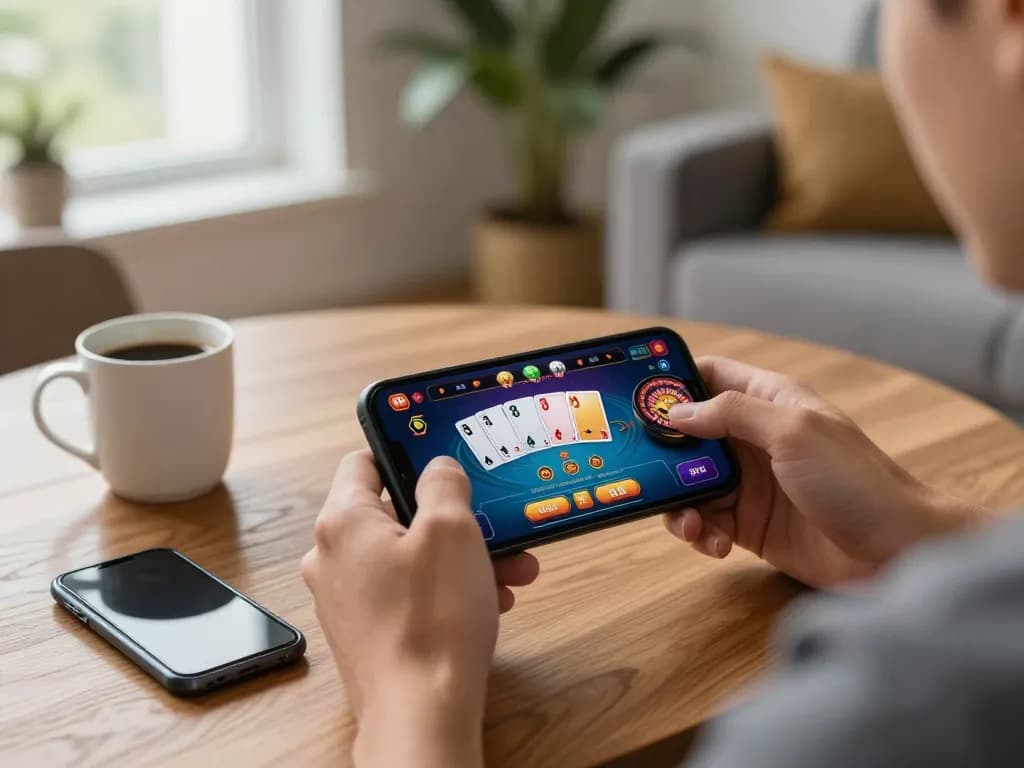 PHTAYA player engaging in live casino gaming on smartphone in a cozy home setting.