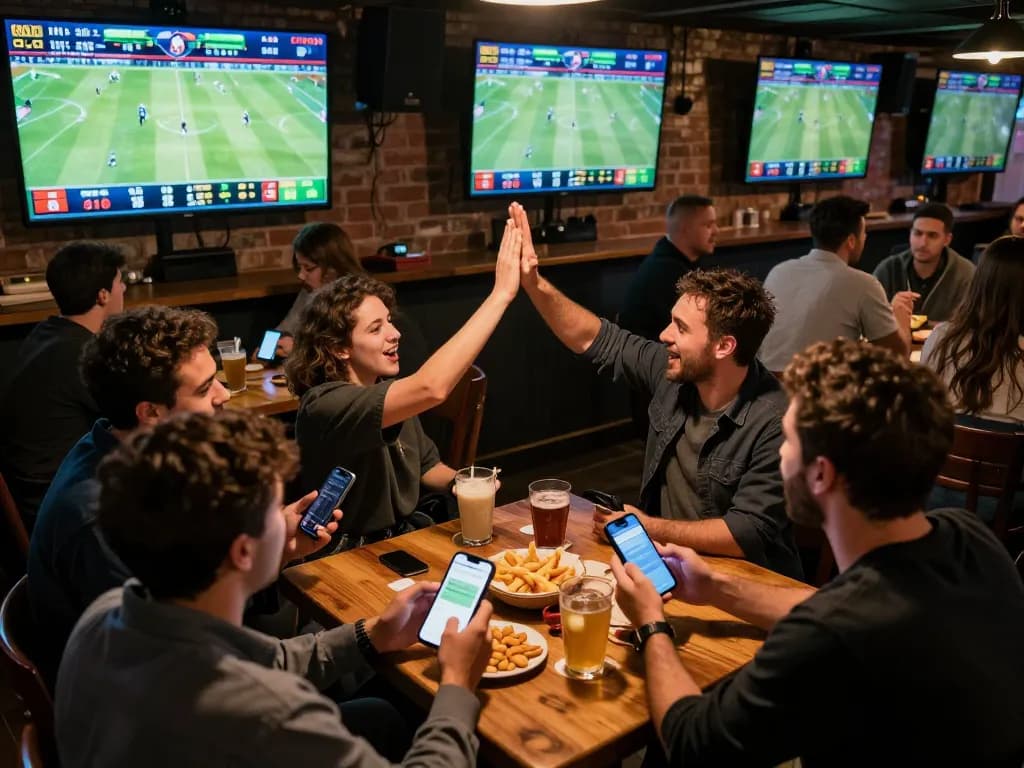 Spectators engage with sports betting apps while checking soi kèo nhà cái updates in a lively sports bar