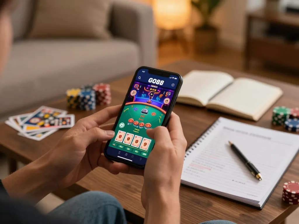 Engaging gameplay on the GO88 app as a player strategizes with notes and smartphone in cozy home.