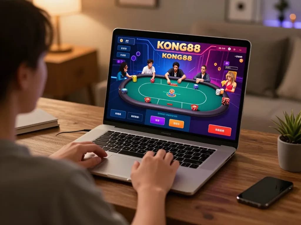 KONG88 poker gameplay on modern laptop, showcasing immersive online gambling experience.