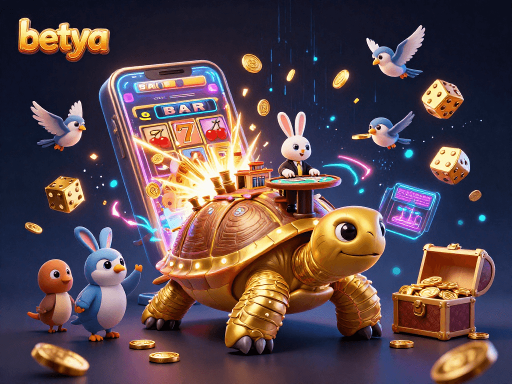 Engage with vibrant casino illustration of betya featuring a golden tortoise and an energetic dealer.