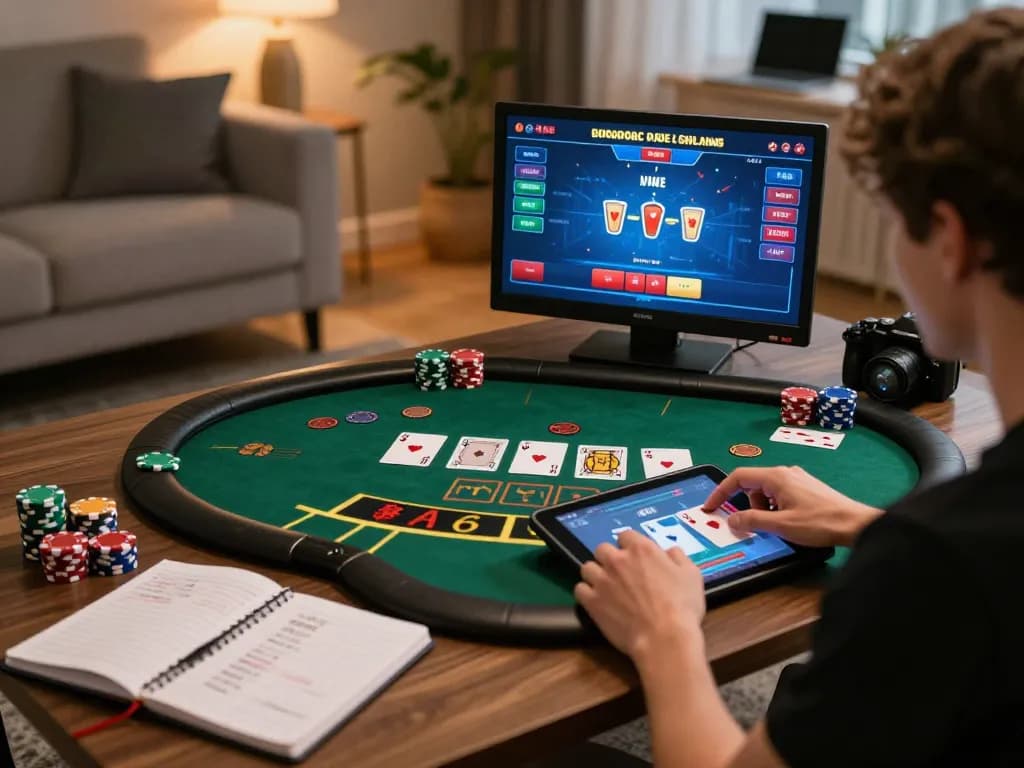 Engaging in a live dealer game on tic88, showcasing immersive online casino action in a cozy living room.