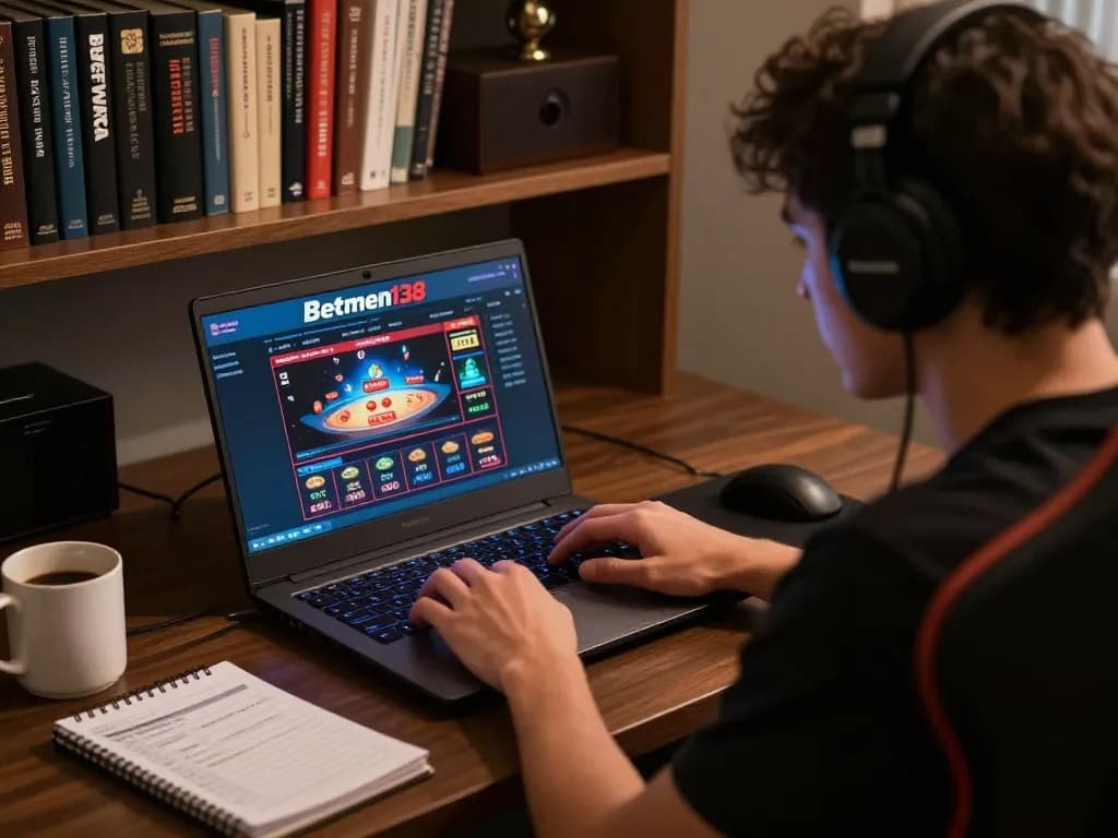Engaging Betmen138 online gaming scene with focused player managing bankroll and betting strategy