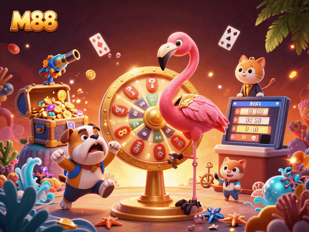 M88 showcases a vibrant game show scene with a flamingo host, bulldog contestant, and prizes exploding around them.