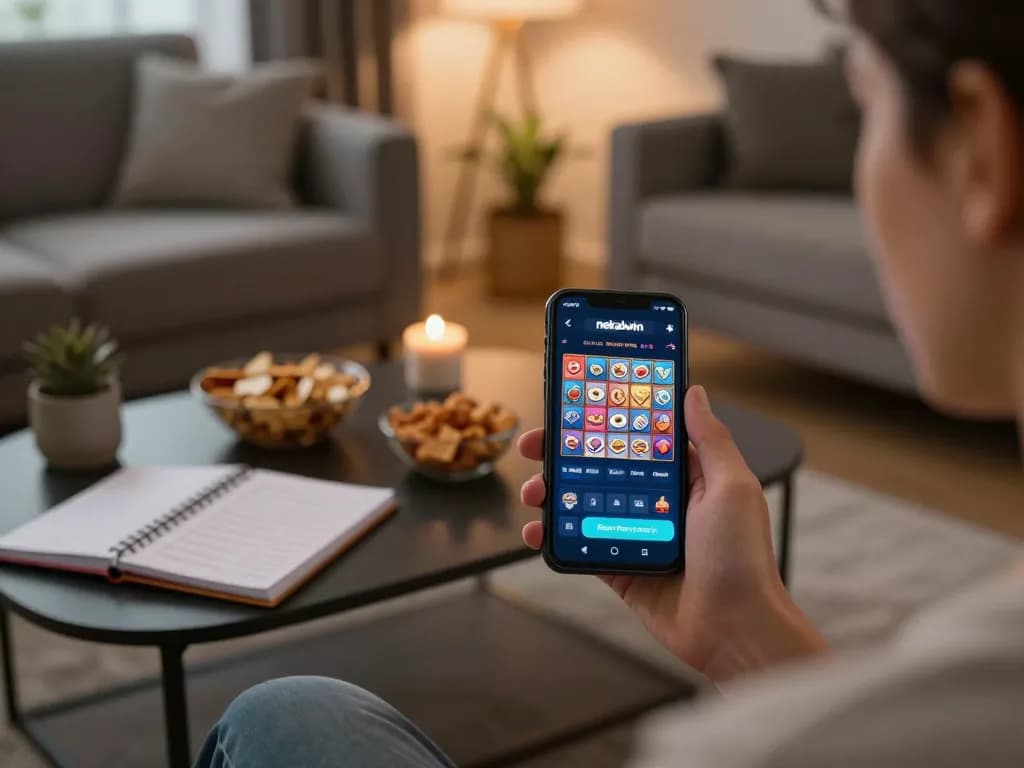 Engaging in slot nekatwin games on a smartphone in a cozy living room, highlighting a modern online gaming experience.