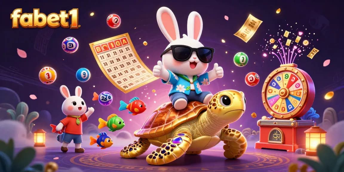Experience fabet1 excitement with our lucky rabbit and golden turtle in a vibrant casino illustration.