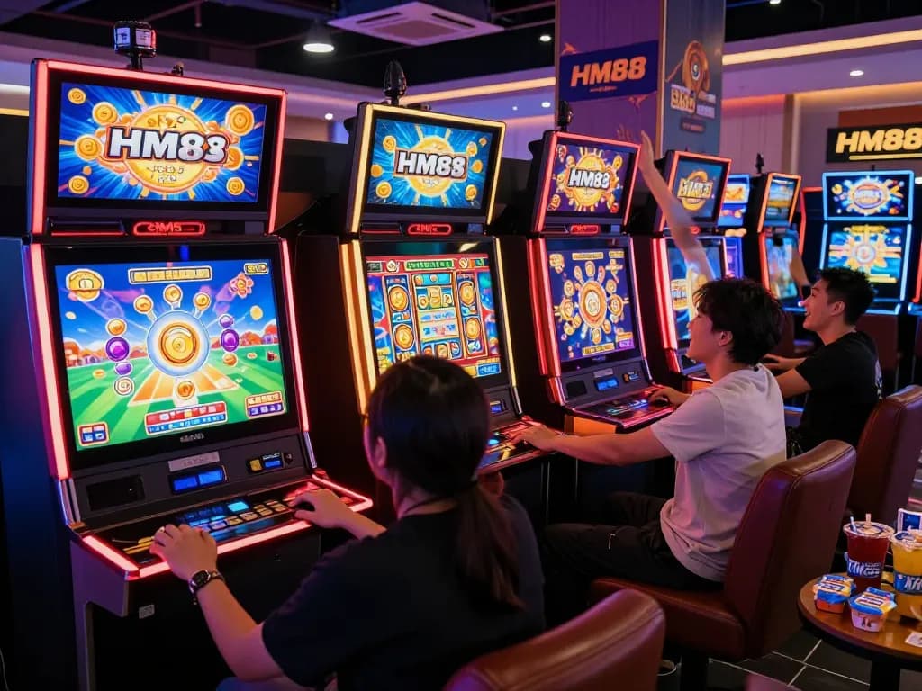 Engaging atmosphere at HM88 slot gaming lounge, vibrant players enjoying dynamic machines.