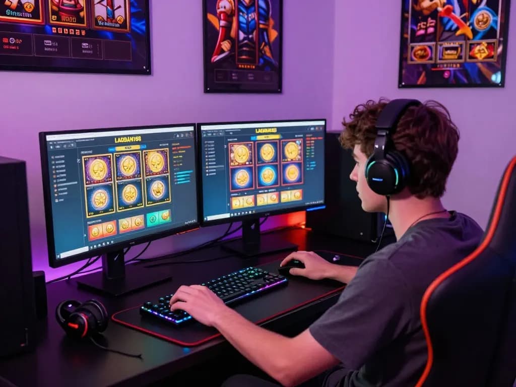 Pemain yang terlibat menikmati permainan slot laoban188 dalam pengaturan permainan yang enerjik dengan cahaya berwarna-warni dan dua monitor.