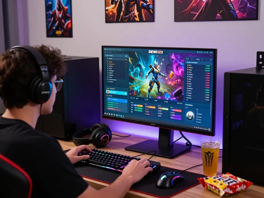 Experience DEWI123 gaming setup with real-time stats, vibrant interface, and immersive atmosphere.