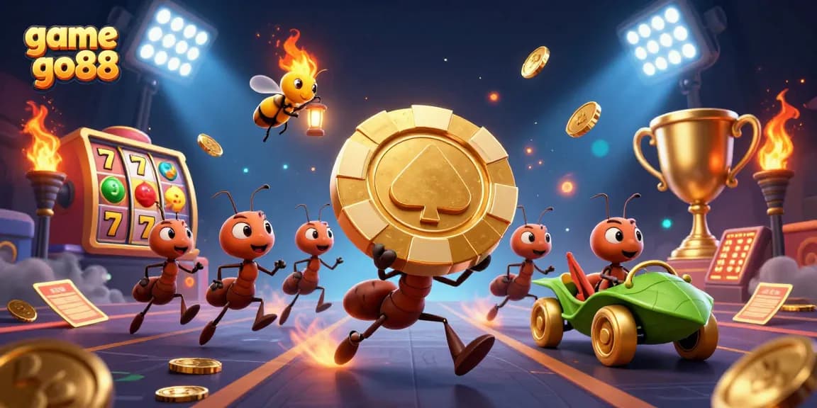 Experience game go88 in a vibrant heist scene with animated ants, golden poker chips, and dynamic casino elements.