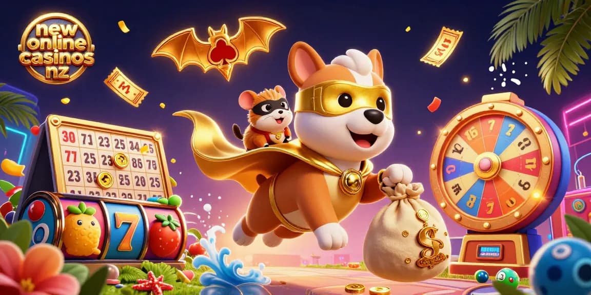Experience new online casinos nz with a cartoon superhero dog and hamster amid vibrant slot elements.
