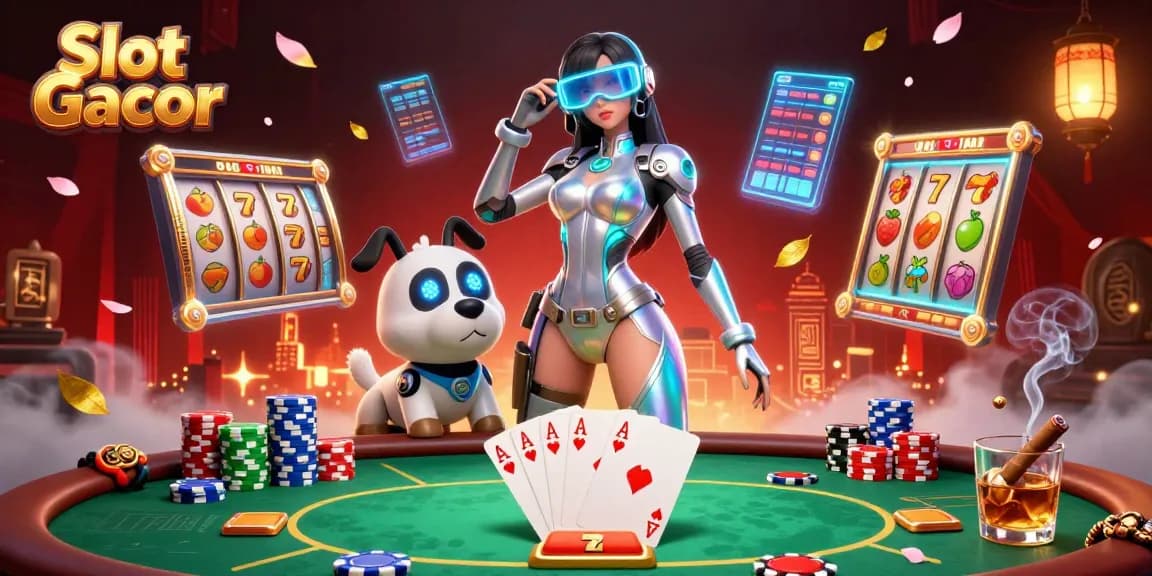 Rasakan sensasi Slot Gacor dengan adegan dinamis menampilkan karakter futuristik dan elemen kasino yang kaya.