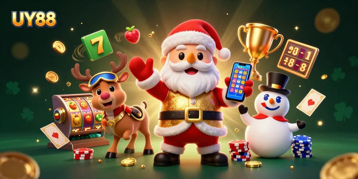 Join UY88 for thrilling wins in a festive casino environment with Santa, his reindeer, and a fun snowman.