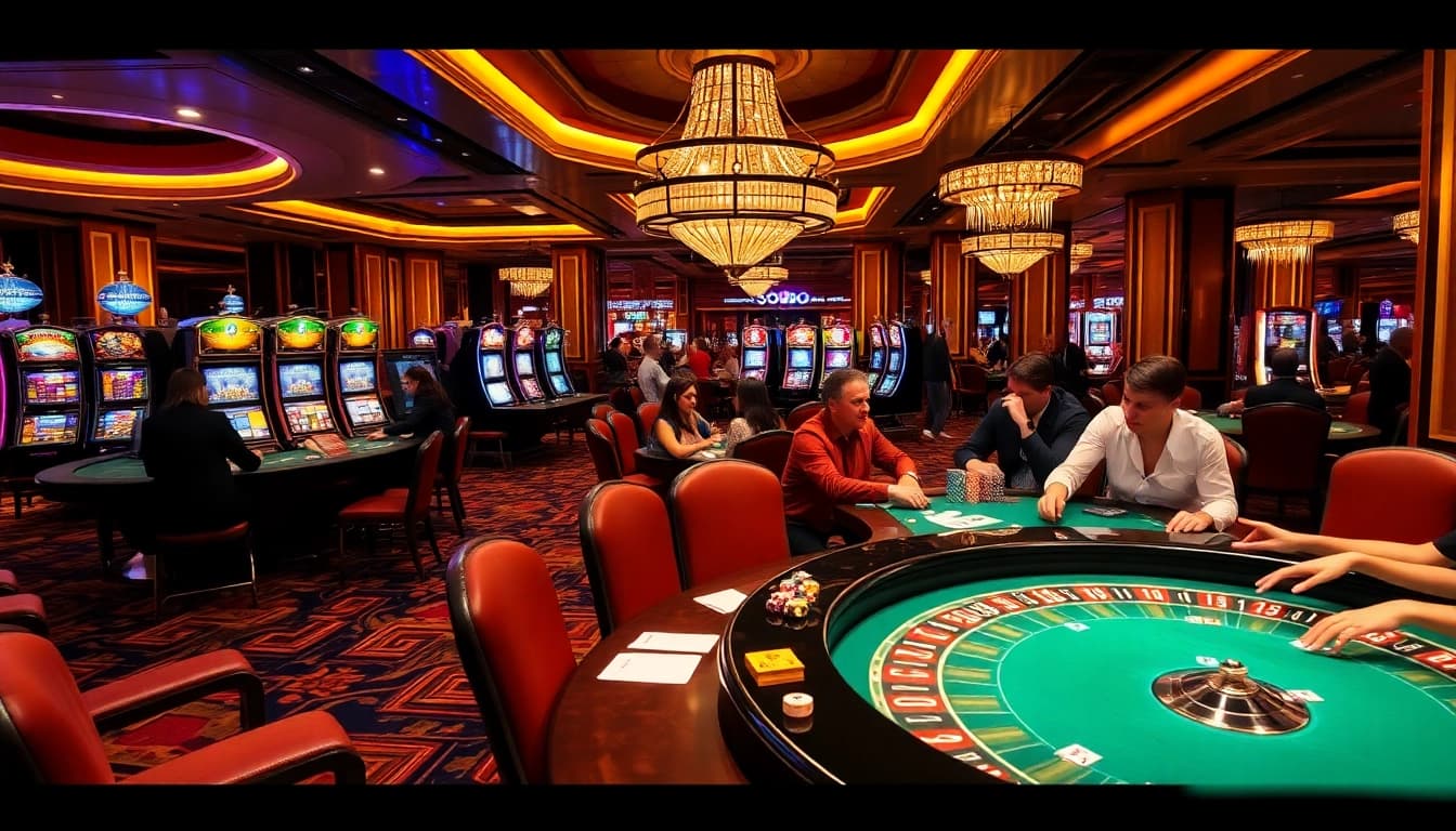 Players enjoying thrilling games at SODO CASINO, featuring vibrant tables and slot machines.