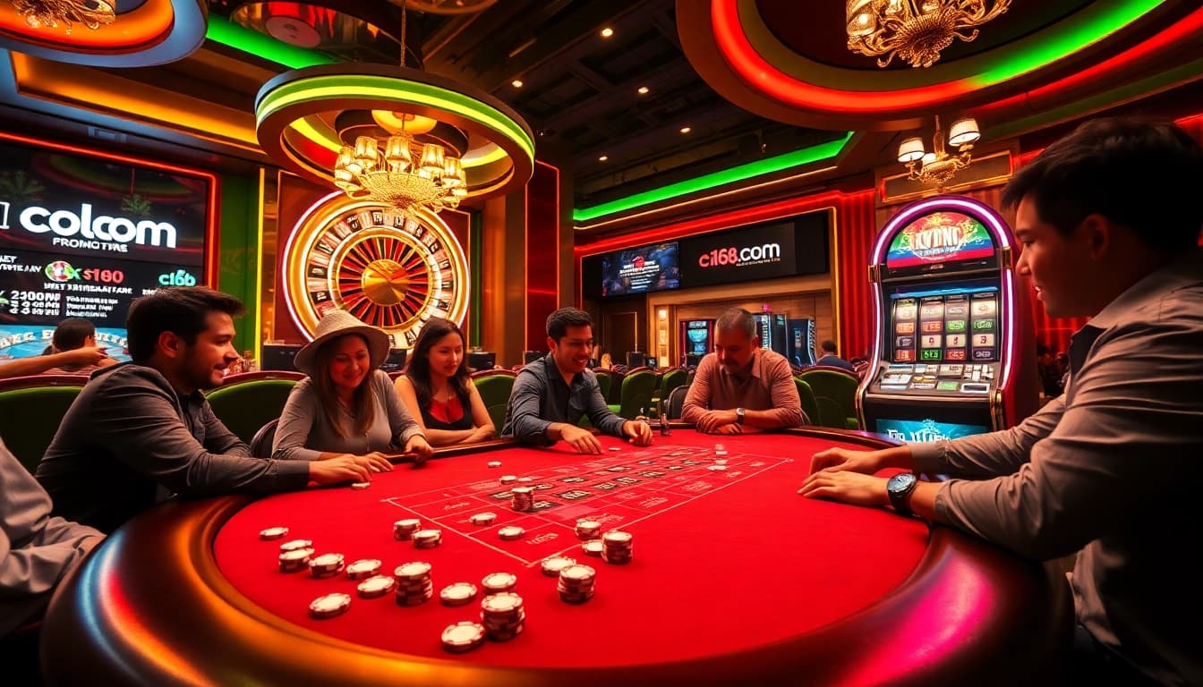 C168.com players celebrating a win at a high-stakes poker table in a vibrant casino scene.