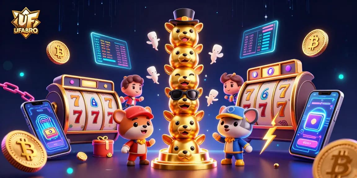 Experience exciting gameplay with UFABRO's dynamic casino illustration featuring vibrant slot elements.