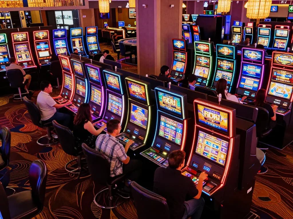 Players enjoying slots in a lively casino atmosphere with colorful machines and engaging gameplay.