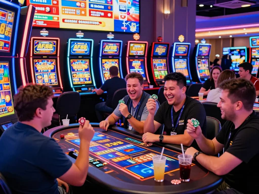Players enjoying the exciting AF88 slot game in a lively casino atmosphere with colorful lights.