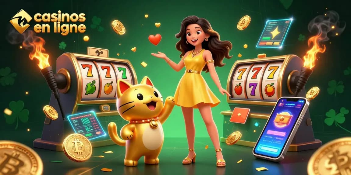 Découvrez un amusement dynamique dans les casinos en ligne avec une femme joyeuse et un chat porte-bonheur au milieu de pièces d'or.