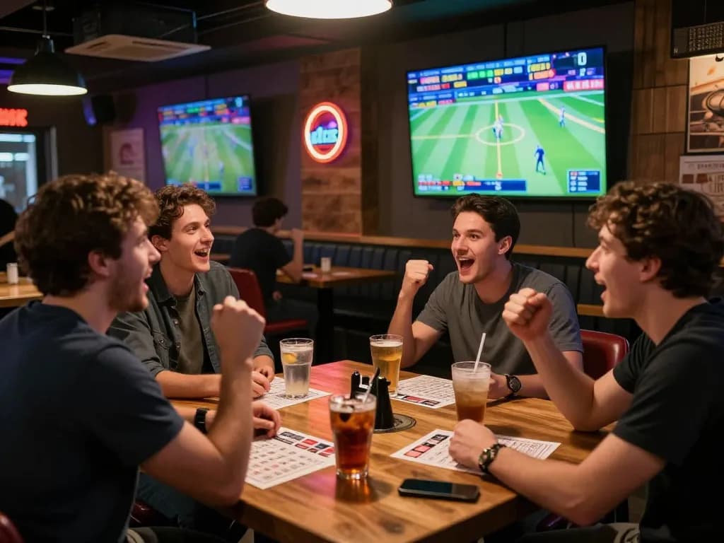Friends placing sports bets at KP88 bar while watching live games with excitement.