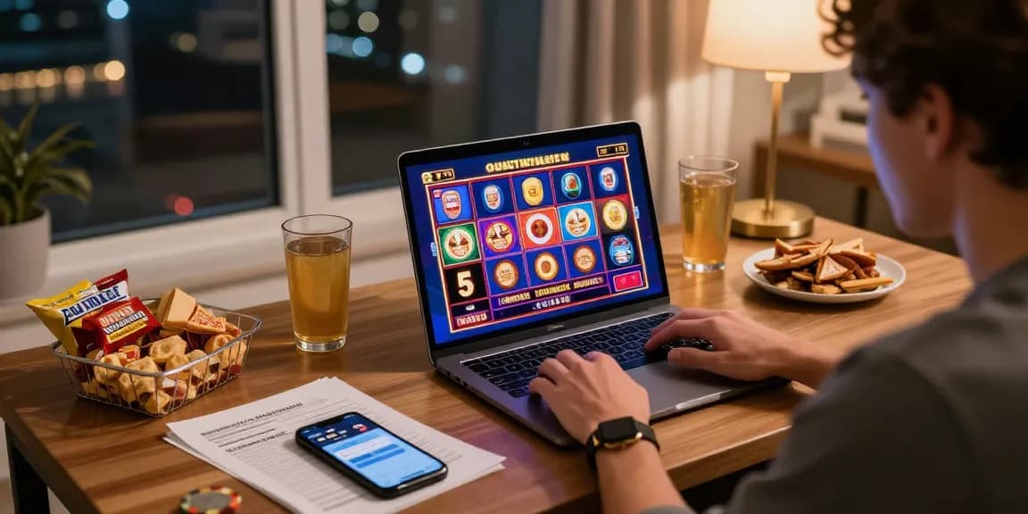 Player on https://aisa.org.uk enjoying online casino games in cozy home setting with warm lighting.