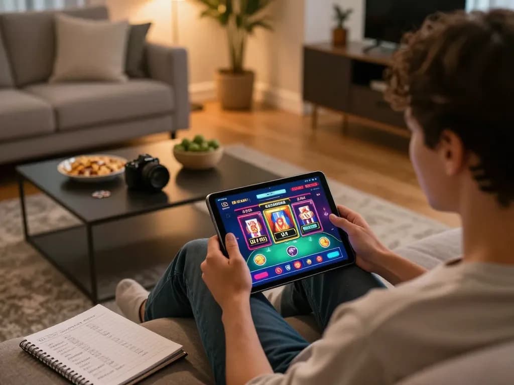 Engaged user exploring qh88eu casino app on tablet in cozy home environment with warm lighting