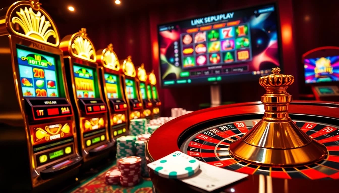Experience the thrill of link sepuhplay with stunning visuals of slot machines and poker chips.