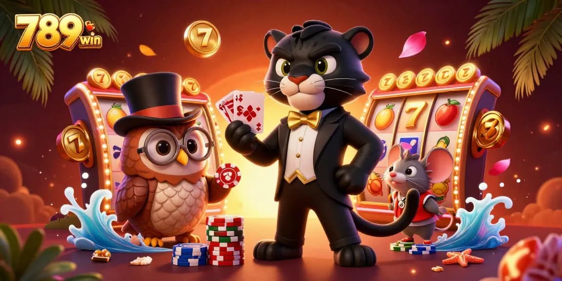 Engage with the exciting 789win casino experience featuring a stylish panther dealing cards, accompanied by an owl and a lucky mouse.