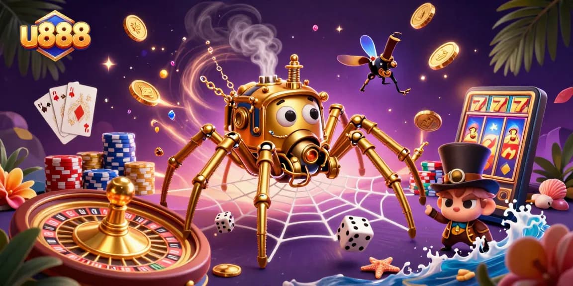 Play exciting games at u888, featuring a fun steampunk spider and various casino elements.